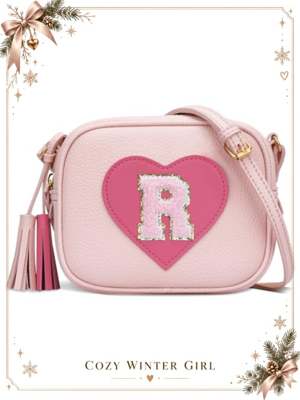 Vegan Leather Crossbody Bag with Tassel Heart Pouch for Girls